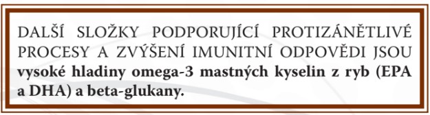 dalsi slozky podporujici protizanetlive procesy a zvyseni imunitni odpovedi jsou vysoke hladiny omega3 mastnych kyselin z ryb epa a dha a beta blukaty